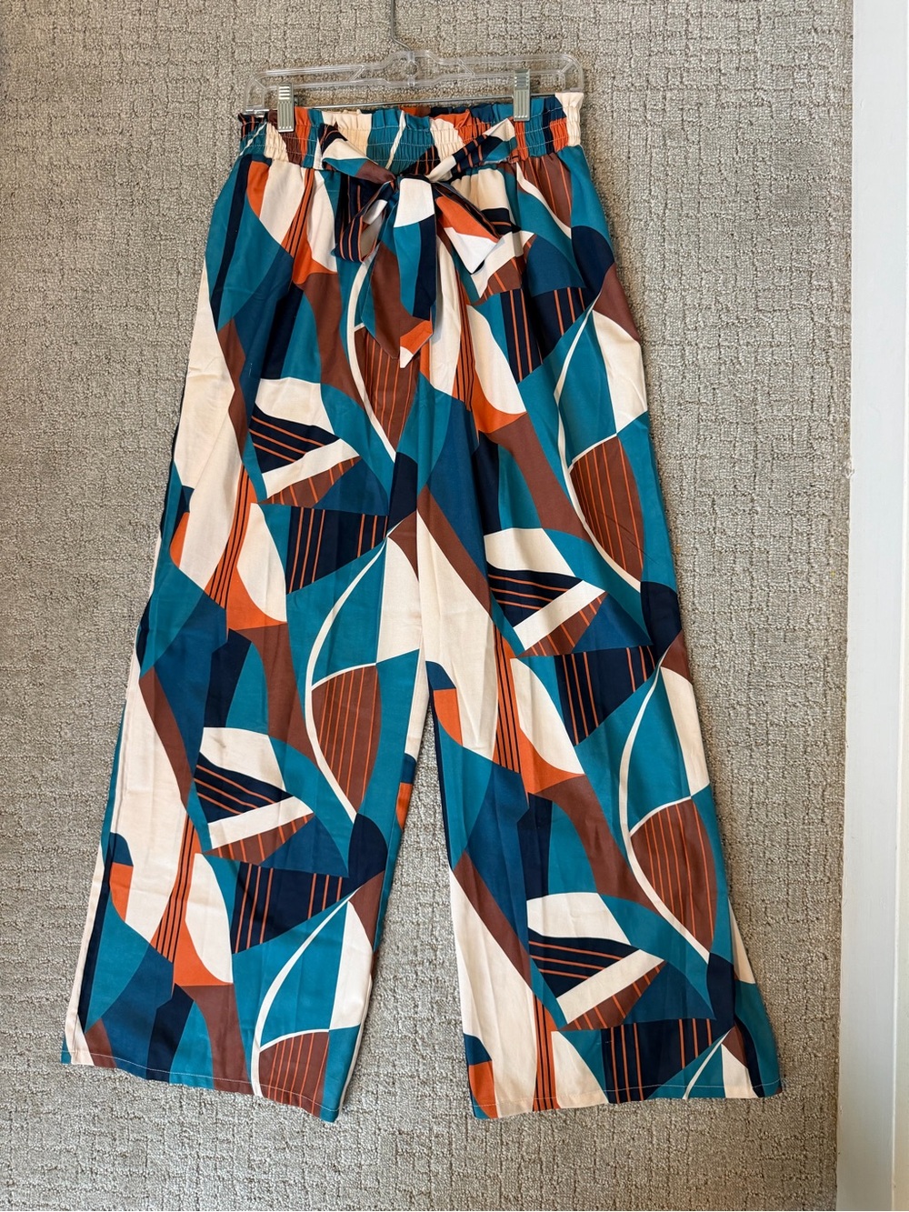 Abstract Print Wide Leg Palazzo Pants - Teal Multi